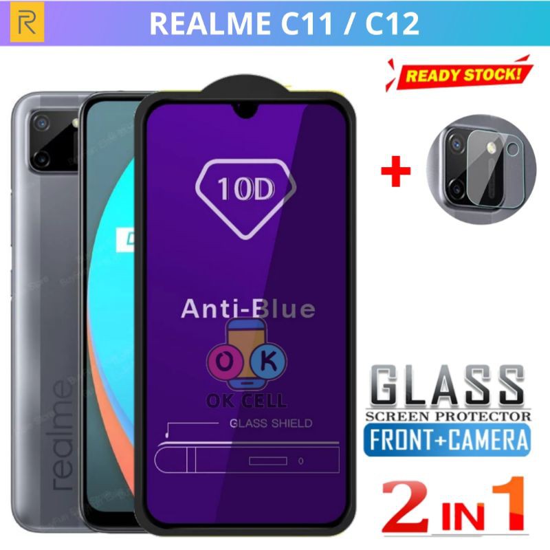 2in1- Tempered Glass Anti Blue Light 10D Realme C11 C12 - Tg Anti Gores Blue Radiasi Realmi C11 C12