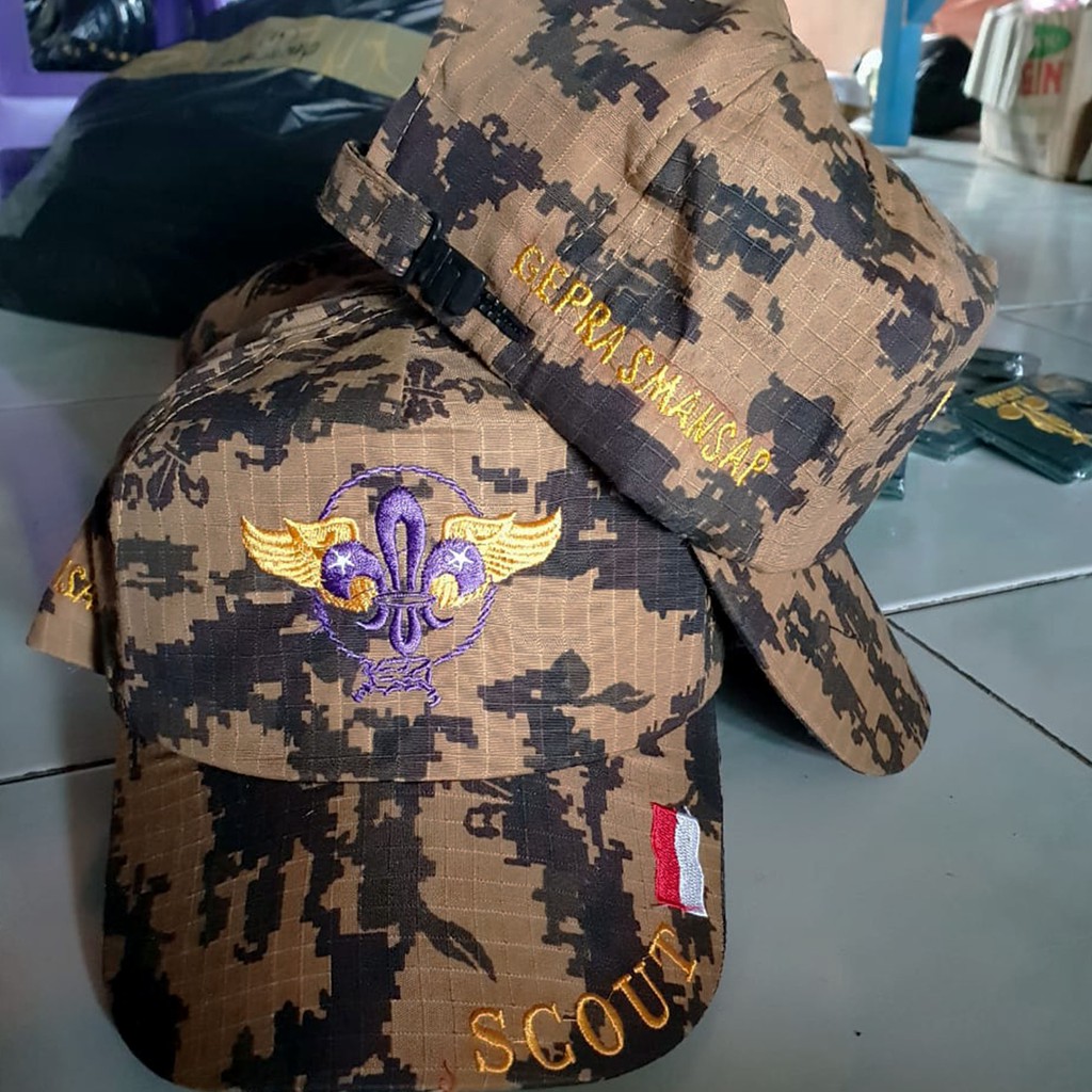 Topi Pramuka Loreng custom nama bordir