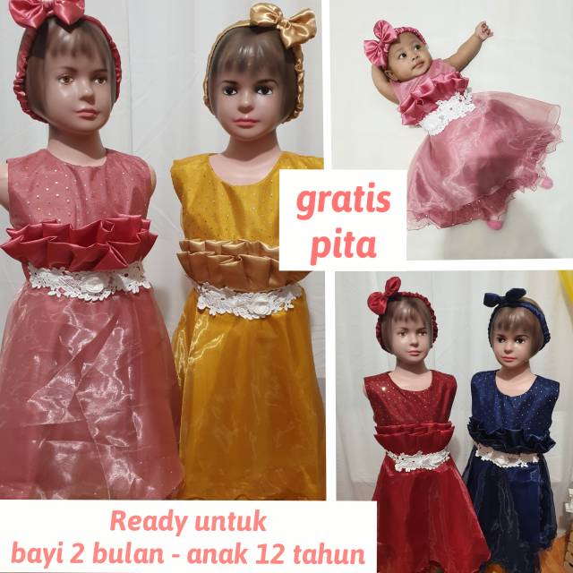 Gaun Pesta Anak Perempuan Import Warna Hijau Mewah Model Baru Kekinian Usia 1 Tahun sampai 12 Tahun Ala Korea Set Pita KA73