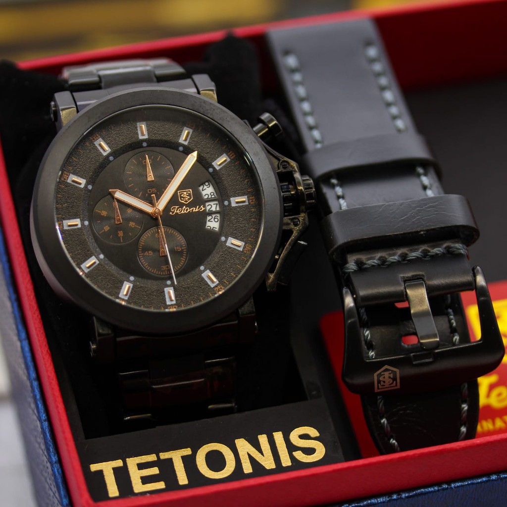 Jam Tangan Pria Tetonis Original 32651EV Tali Rantai Free Kulit Chrono Tanggal Aktif