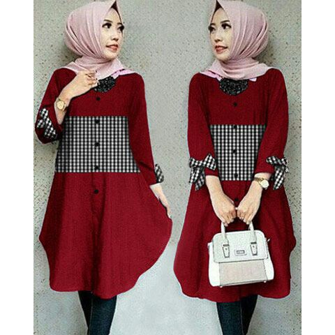 [Tunix Ribbon Kotak Varian Warna RO] Tunik Wanita Katun Maroon/Navy/Cream