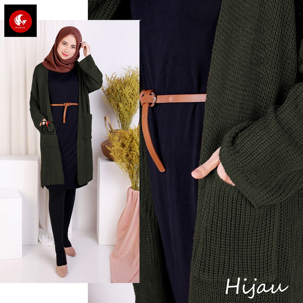 OKECHUKU Lavella Long Cardigan Wanita Outer Wanita Cardigan Rajut Oversize-Hijau Army