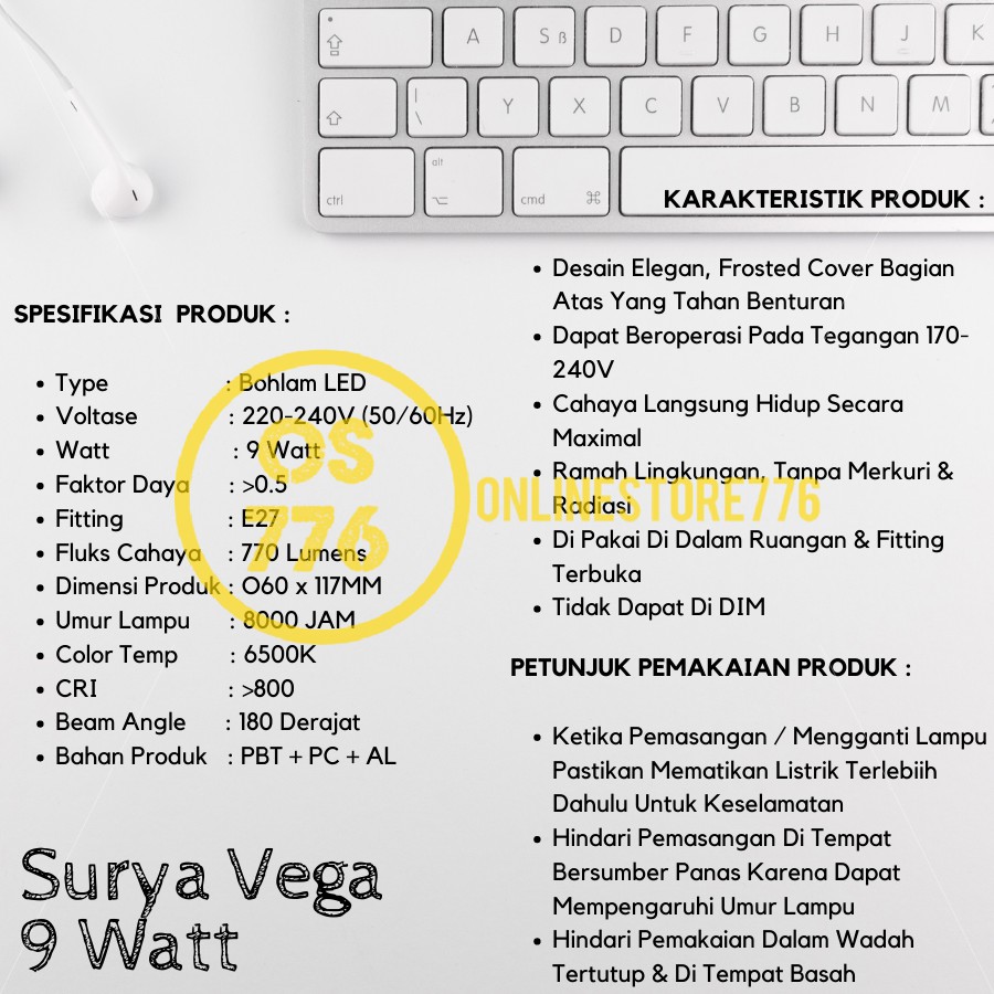 Lampu Surya Vega 9w Lampu LED 9 Watt Bohlam