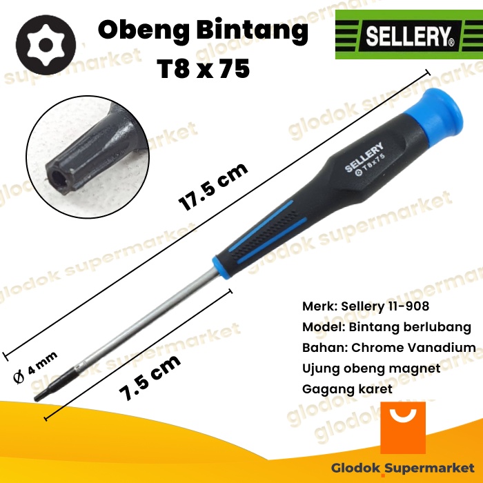 Obeng Bintang T8 x 75 Sellery 11-908 Star Lubang Panjang Besi 75mm Magnet Gagang Karet