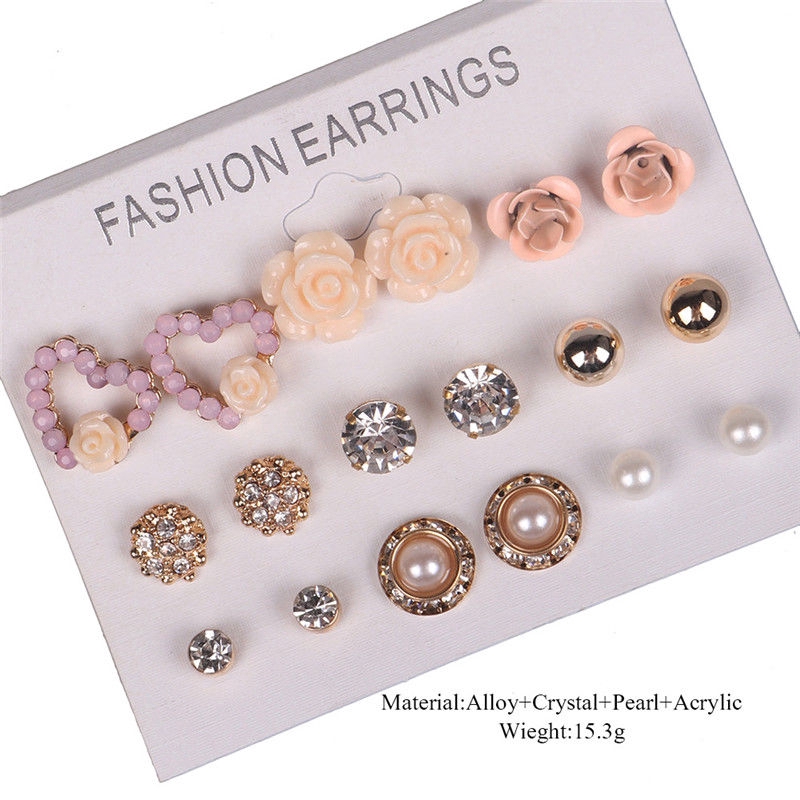 9 Pairs/Set Cute Crystal Pearl Flower Ear Studs Earrings