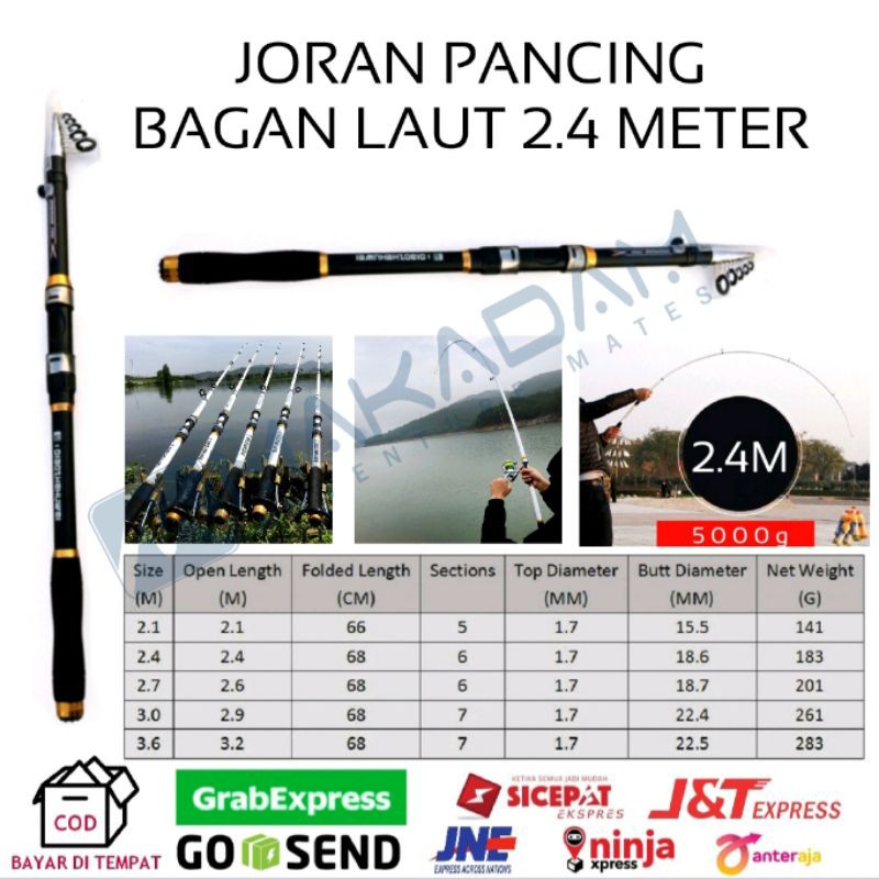 joran pancing karbon telescopic bagan laut 2.4m