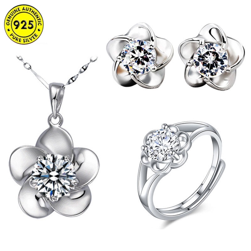 Set Kalung + Gelang + Cincin + Anting Gantung Sterling Silver 925 Rose Gold Dengan Kristal Ruby Untuk Wanita