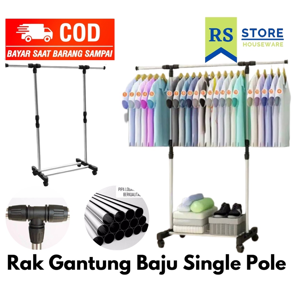 rak gantungan baju single pole stainless berkualitas/ rak baju stainless dekorasi rumah tangga gantu