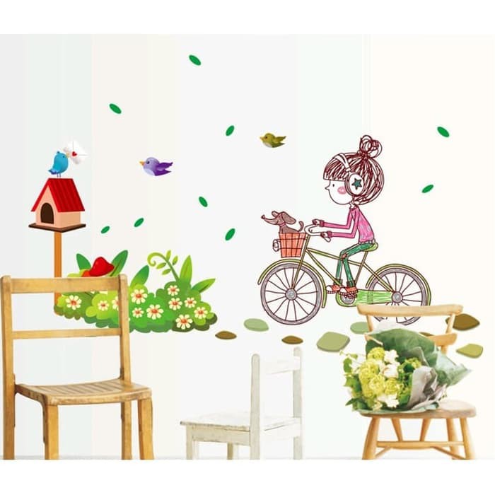 Wall Sticker / Stiker Dinding / Kaca Motif Gadis Bersepeda, Burung, Bunga