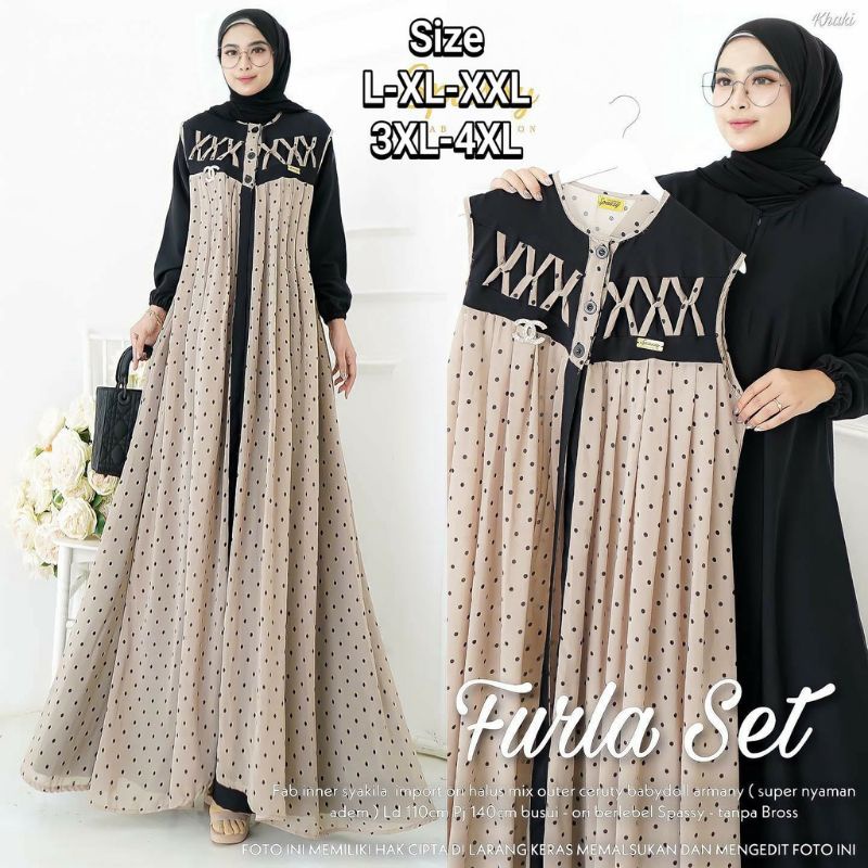 Gamis jumbo 2 in 1 set outeher Furla ukuran L XL XXL 3XL 4XL ld 100 110 120 130 140 gamis set outer kekinian Gamis aouter super jumbo L XL XXL 3L 4L LD up to 140 terbaru busui friendy kekinian sahila