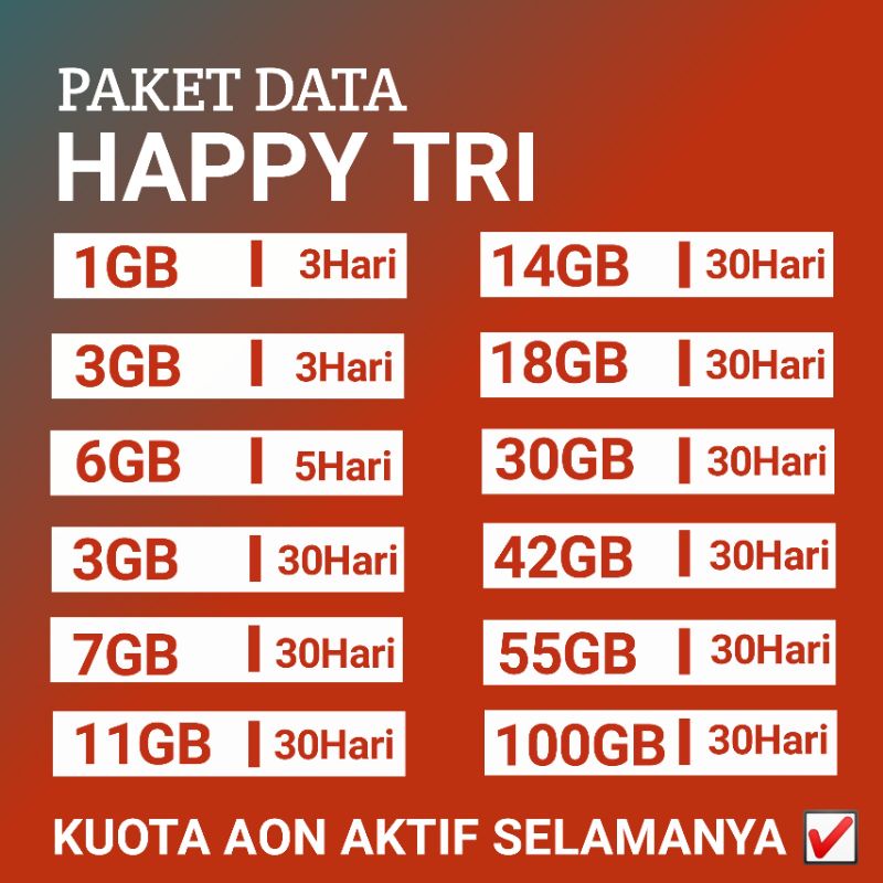 TERBARU PAKET DATA HAPPY TRI / THREE PROMO FULL 24 JAM TERMURAH PROSES CEPAT KUOTA TRI NASIONAL 1 GB
