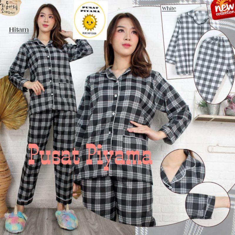 Baju Tidur Cewek Lengan Panjang Motif Kotak Piyama Wanita Kekinian Pajamas Dewasa