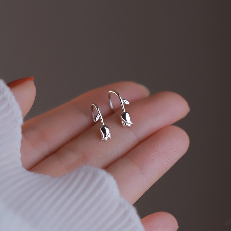 Papaozhu Trendi S925 Perak Tulip Stud Anting Untuk Wanita Perempuan Korea Bunga Telinga Tulang Klip Bunga Manset Anting Perhiasan