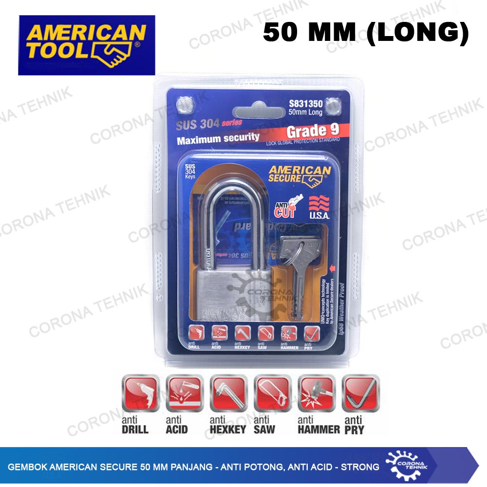 American  - Gembok Secure 50 mm Panjang - Anti Potong, Anti Acid - Strong