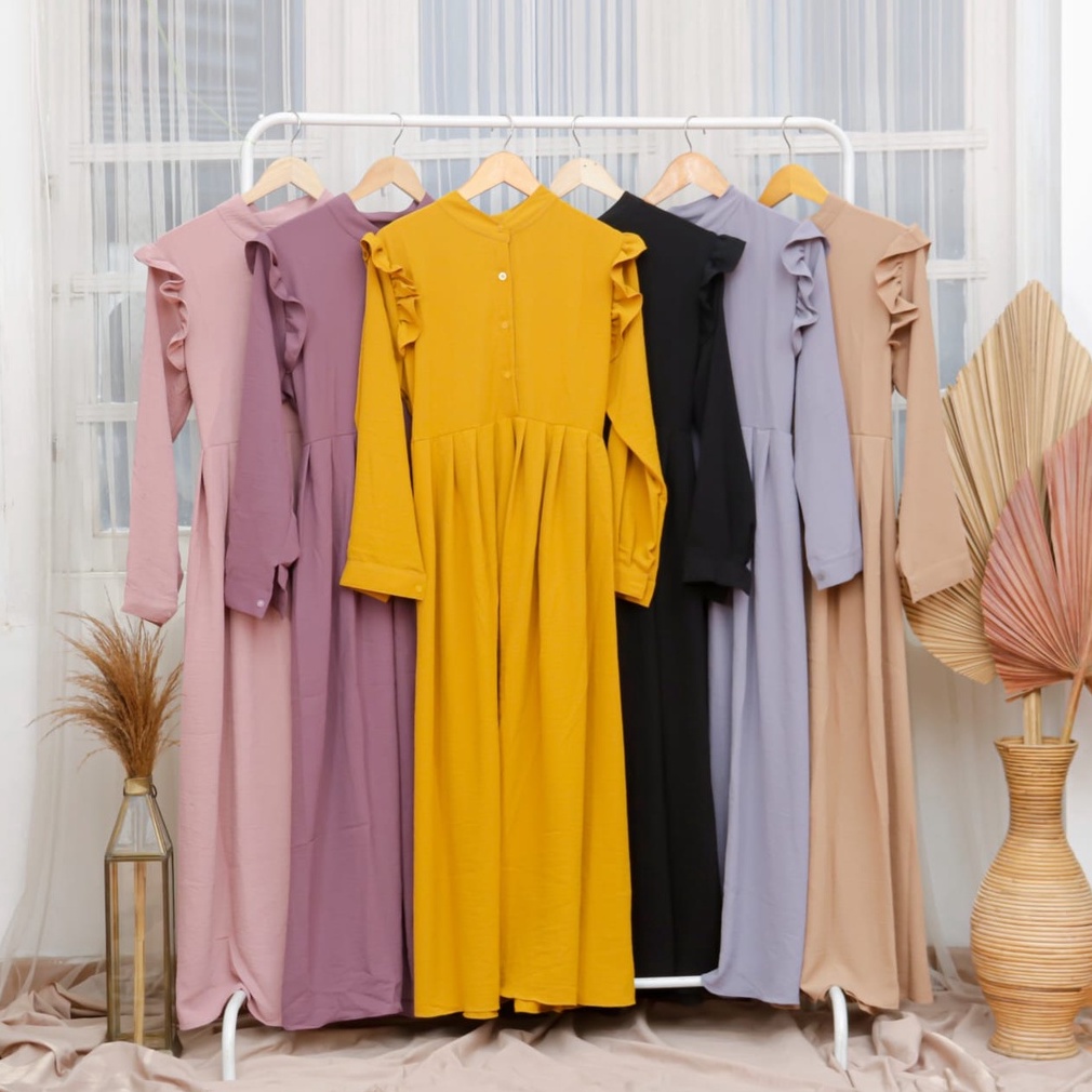 Shaly Midi Dress Ruffle | Dress Wanita Terlaris I Midi Dress Terkini I Bahan Crincle Premium