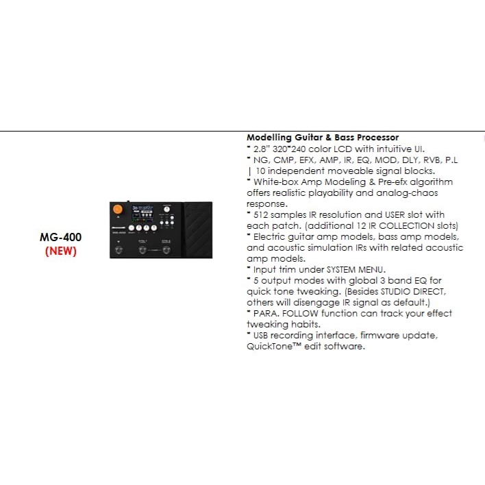 NUX MG400 MG 400 MG-400 Modelling Guitar Bass Effect Processor