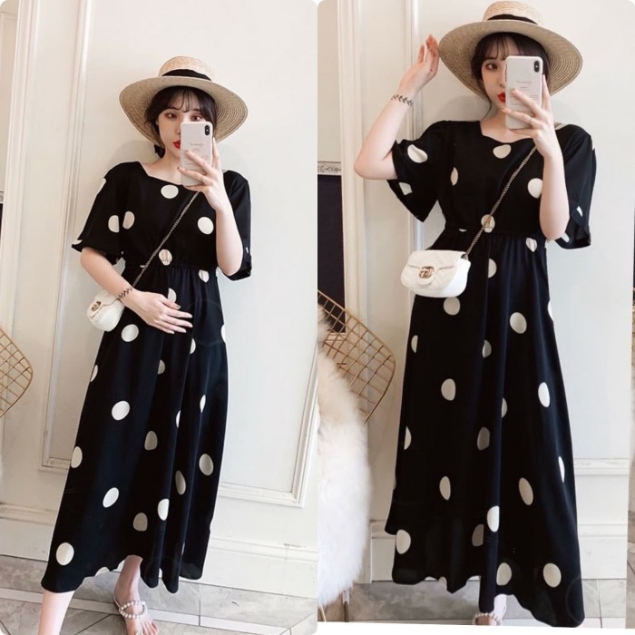 Gaun Maxi Casual Wanita Model Backless Summer Dress Pantai Dress Tami polka Hitam [Dress 0117] 12NJF