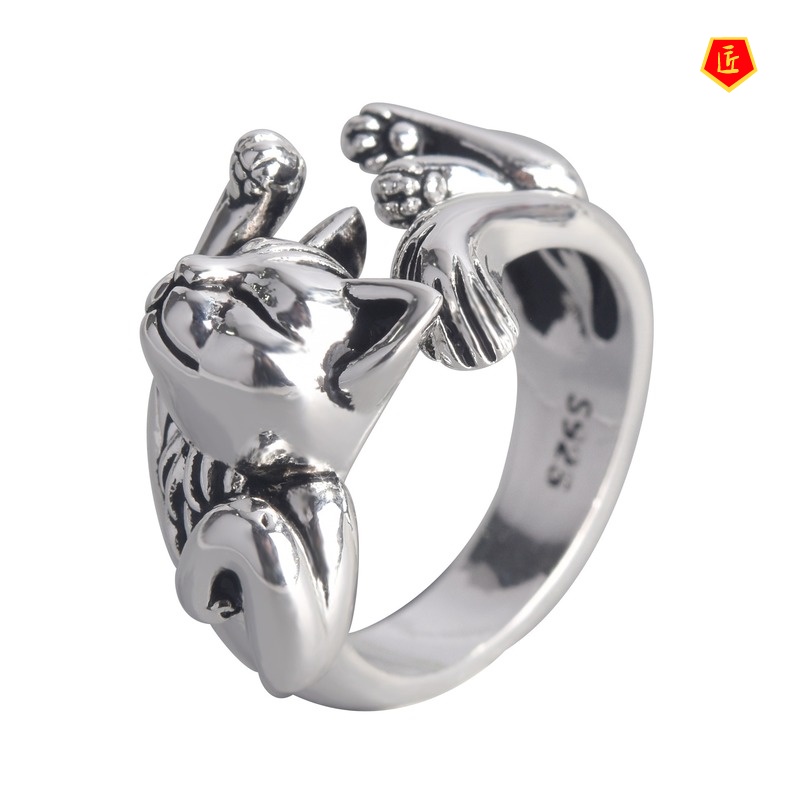 [Ready Stock]925 Retro Silver Black Cat Totem Ring Fashion Personality