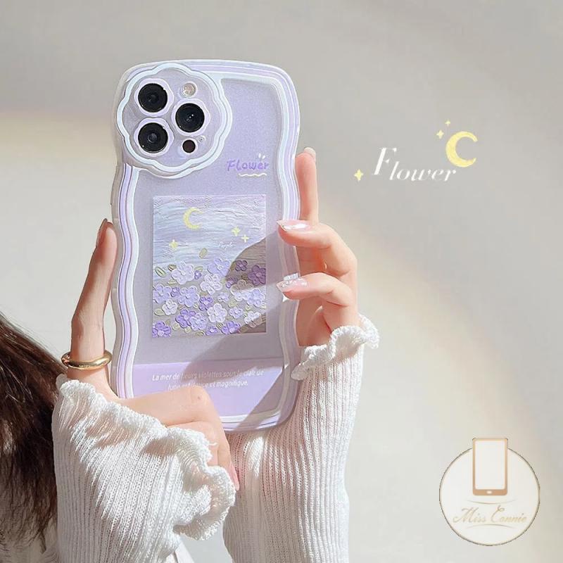 Soft Case Pelindung Lensa Kamera Desain Lukisan Minyak Bunga Ungu Untuk iPhone 11 12 13 Pro MAX XR 6 6s 7 8 Plus SE 2020 X XS MAX