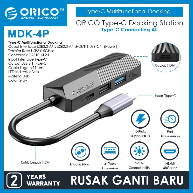 USB Hub 4 in 1 ORICO MDK-4P 4 Ports Type A Type C HDMI USB 3.0