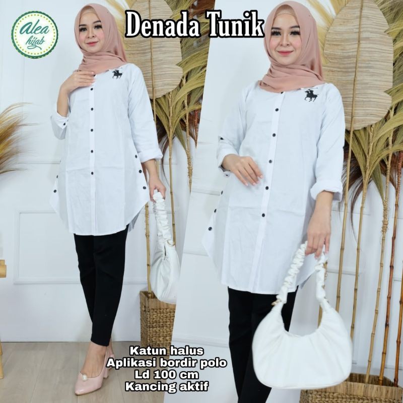 Dena tunik katun putih polos full kancing aksen logo polo bordir