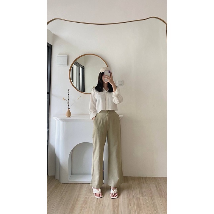 Kimmy Highwaist Cullote Pants  Wide Leg Linen Cullotes  Celana Panjang Linen Kulot Wanita-Sage