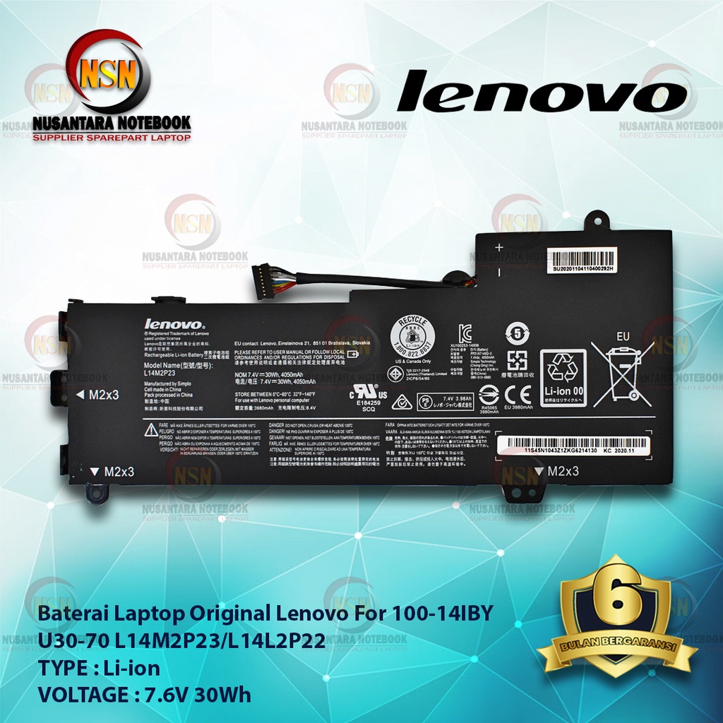 Baterai Laptop Original Lenovo 100-14IBY U30-70 L14M2P23 L14L2P22 L14LP24