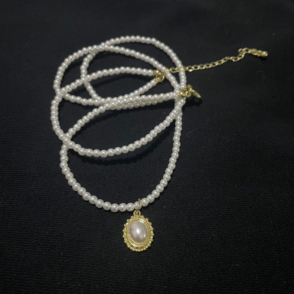 Kalung Rantai Klavikula Mutiara Lapisan Ganda Gaya Retro Untuk Aksesoris