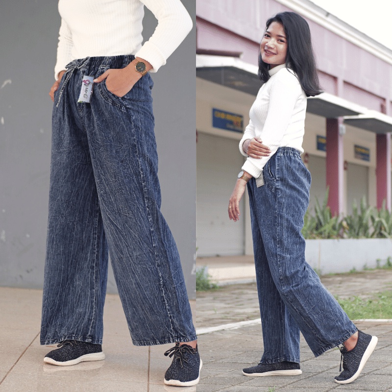 Celana Kulot Jeans Wanita Highwaist Loose Allsize Terlaris-HITAM tali standar