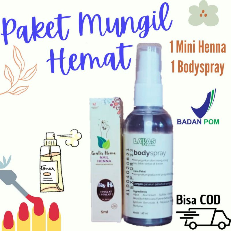 (Paket Mungil) Mini Geulis Henna Muslimah Halal Tembus Air | Cat Kuku Halal plus Deodorant Bodyspray