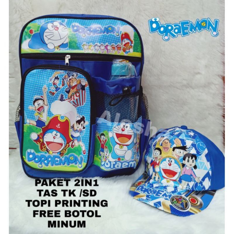 Tas ransel anak Doraemon gratis waistbag+topi+botol minum - tas anak