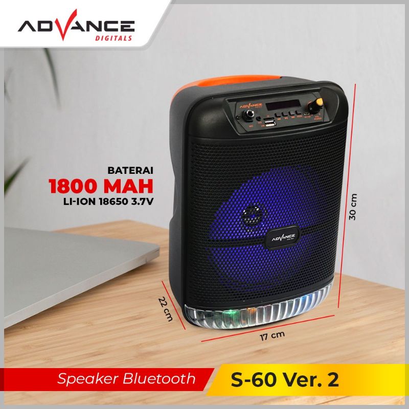 Advance S=60 Speaker Bluetooth 8Inchi Plus Mic Karaoke/Speaker Wireless Radio Fm/Salon Aktif Portable Etra Power Sound