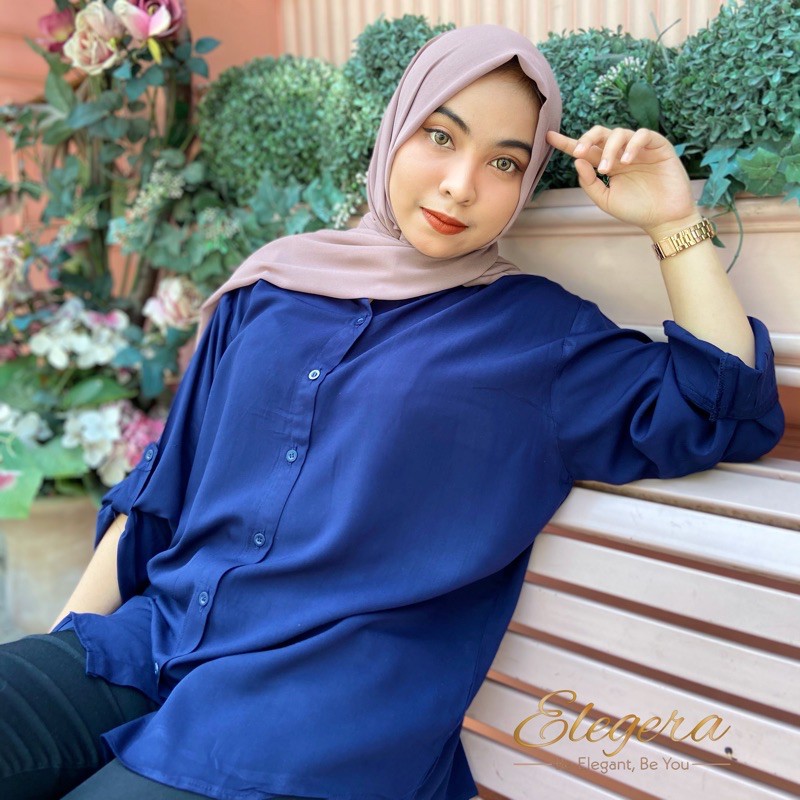 Kemeja Wanita Casual Katun Rayon Polos Cewek Lengan Panjang Scoder-Navy
