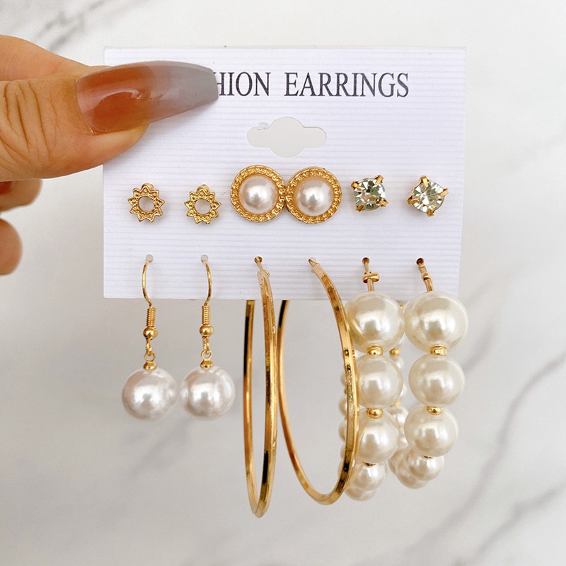 6 Pasang / set Anting Stud Rumbai Kristal Mutiara Gaya Elegan Untuk Wanita