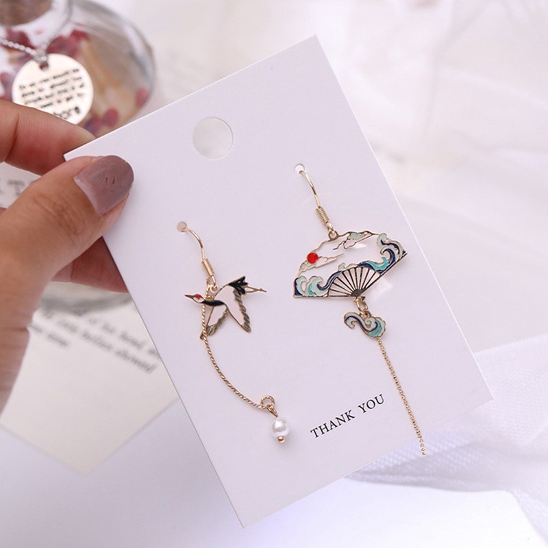 Chinese Style Folding Fan Modeling Crane Cloud Hanging Dangle National Style Earrings For Women Hollow Asymmetric Metal Jewelry|Drop Earrings