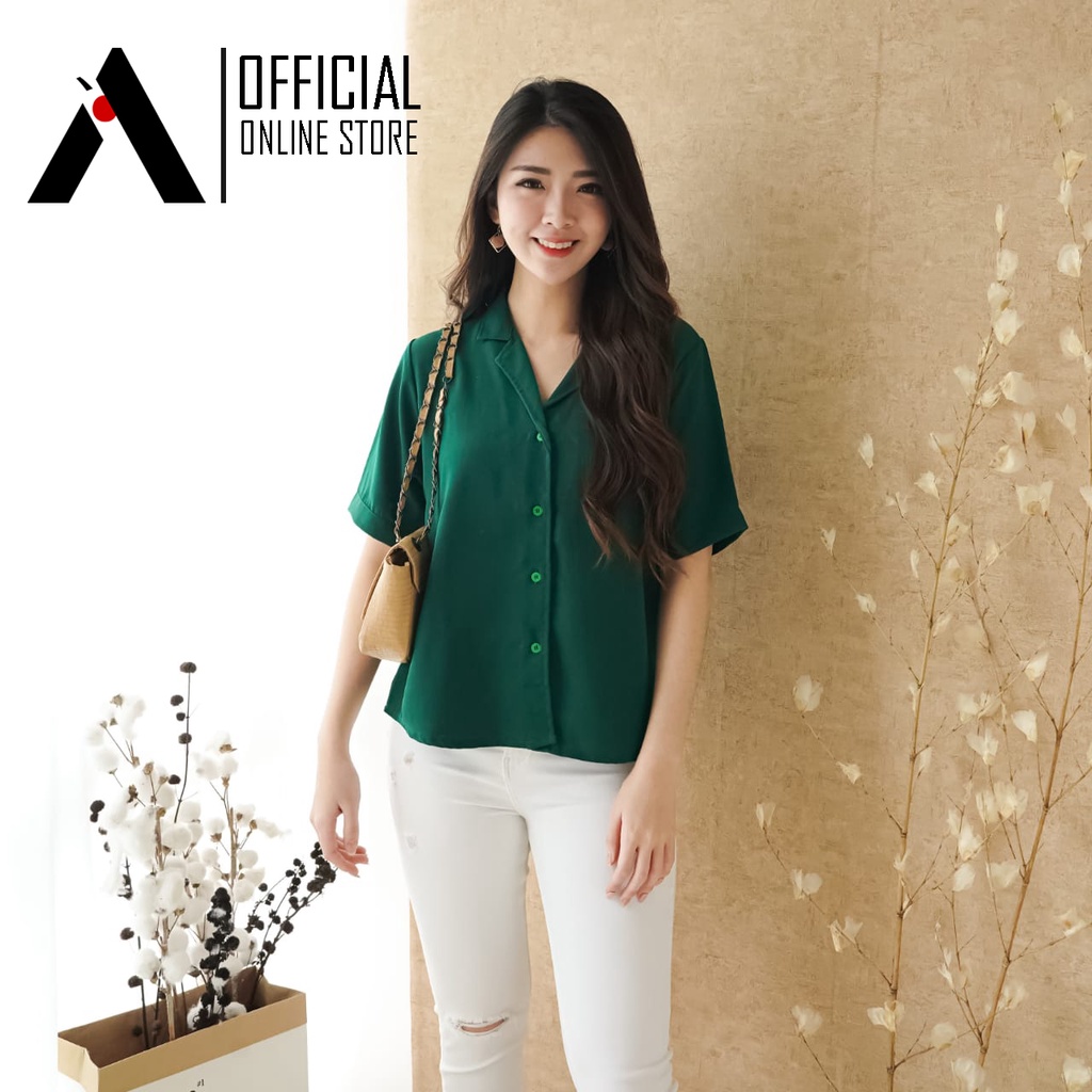 KEMEJA WANITA LENGAN PENDEK BASIC POLOS FASHION KULIAH&SANTAI TERBARU-Dark Green