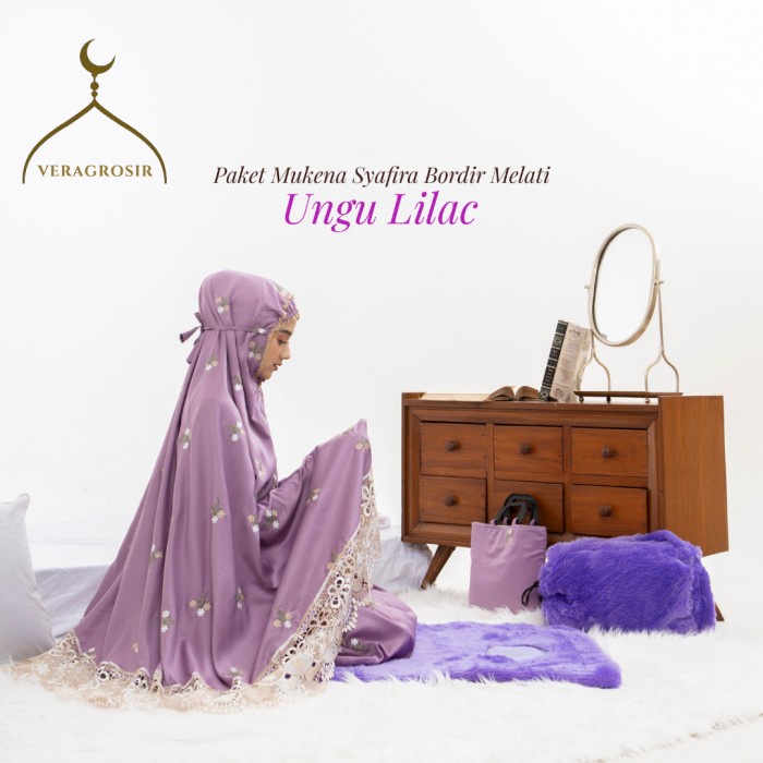 PROMO Full Set Mukena Dewasa Syafira Sajadah Travel Alquran Bulu - Lilac, Mukena+Alquran