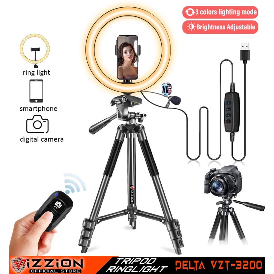 TRIPOD Camera SLR Ring Light Mic Remote Vizzion Delta VZT-3200