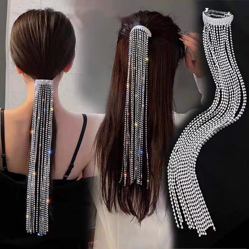 Jepit Rambut Model Rumbai Panjang Aksen Kristal Berlian Imitasi Bahan 925 Silver Untuk Wanita