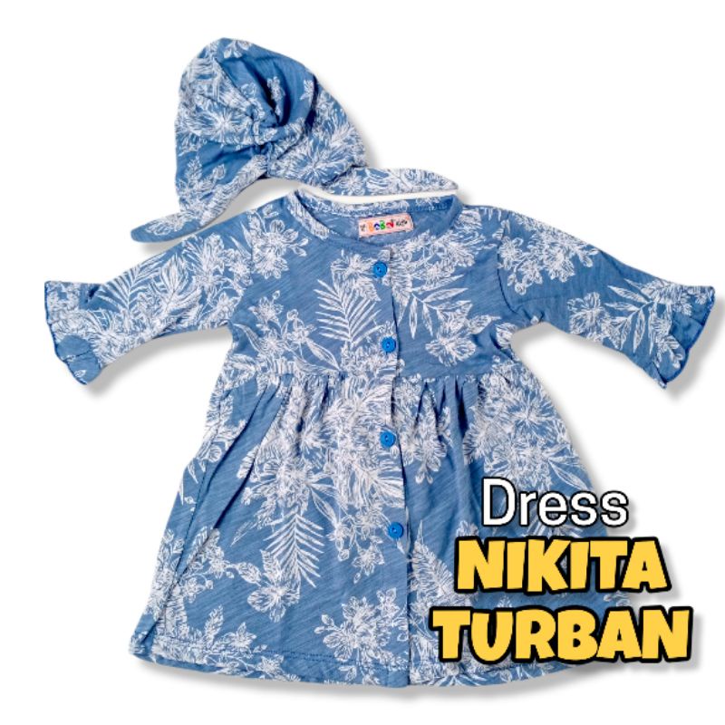 NIKITA 0 - 2 THN DRESS ANAK BAYI PEREMPUAN FREE TURBAN Baju Anak Bayi Perempuan Cewek Dres Baby Girl Nicta Bobo Kids-N DenimFloWhite