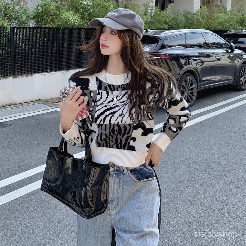 Pakaian Rajut Wanita Musim Gugur Dan Musim Dingin Baru Leopard Print Pullover Sweater Rajutan Leher