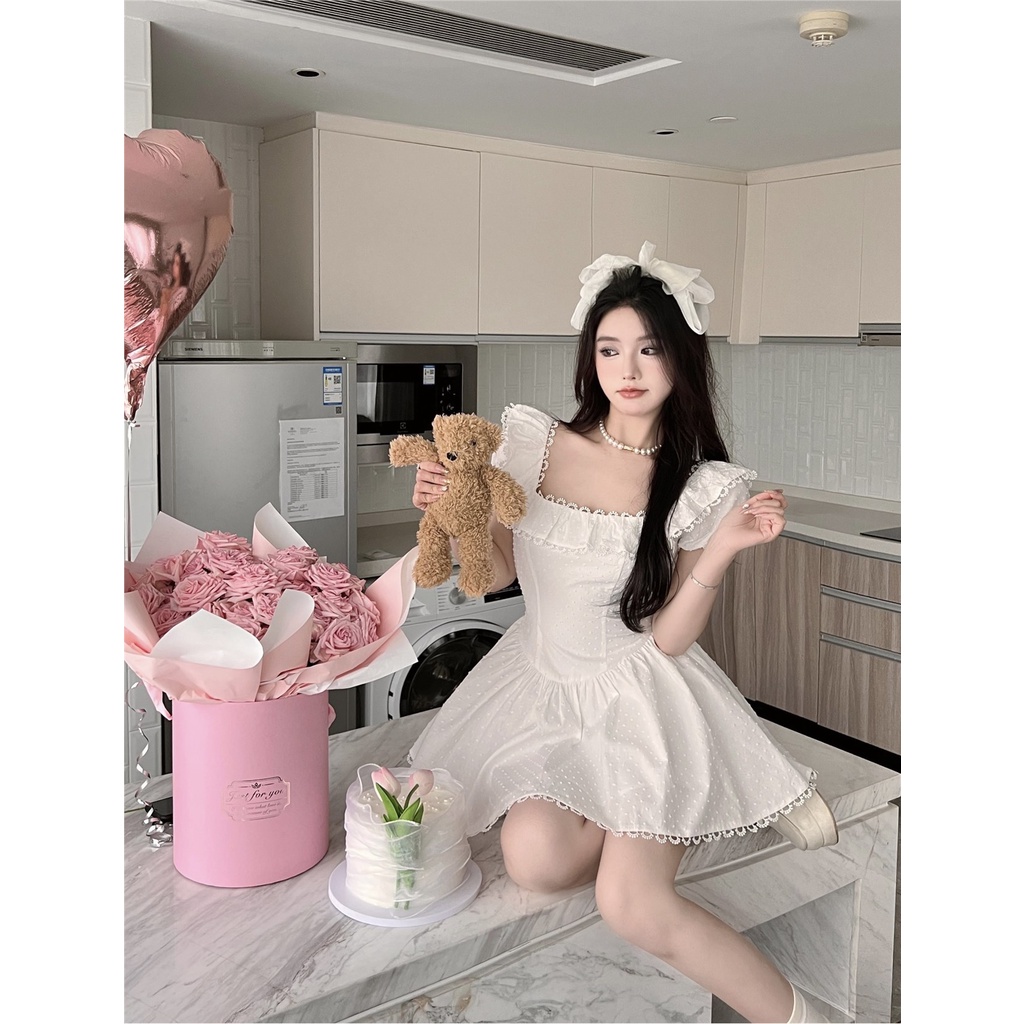 Suhao Perancis putih leher persegi gaun wanita musim panas manis pinggang renda renda berkualitas ti