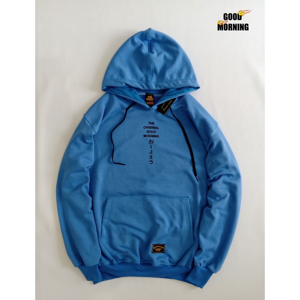 Sweater Hoodiee Pria Distro GOOD MORNING Ori Cowo Japan Size M L XL XXL Warna Biru