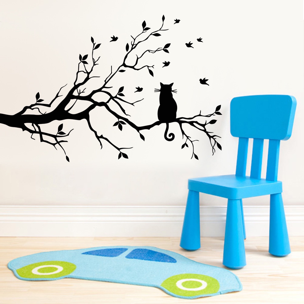 Stiker Dinding Decal Desain Cat on A Tree Branch Untuk Ruang Tamu / Kamar Tidur