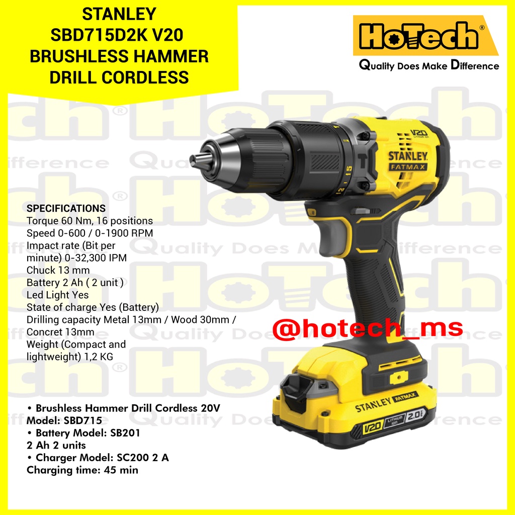 STANLEY |SBD715D2K | V20 BRUSHLESS HAMMER DRILL CORDLESS