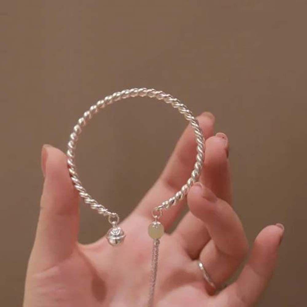 Mxbeauty Gelang Wanita Kreatif Elegan Cewek Bola Giok Minimalis Terbuka Manset Rumbai Warna Silver Gaya Korea