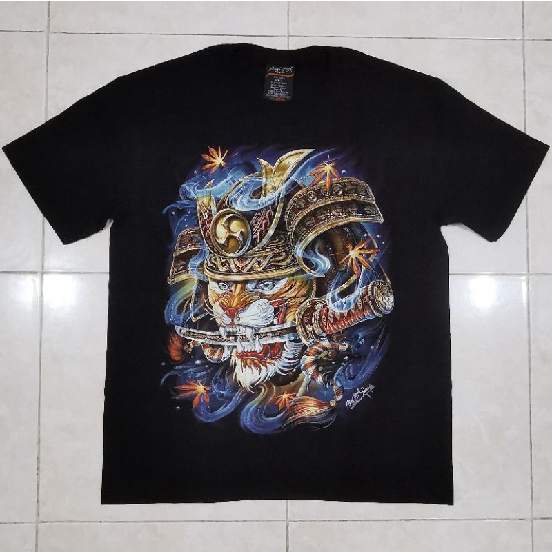 Kaos Rock Chang Tee 3D Import Samurai Harimau Gigit Pedang Pisau Belati Jepang Glow In The Dark