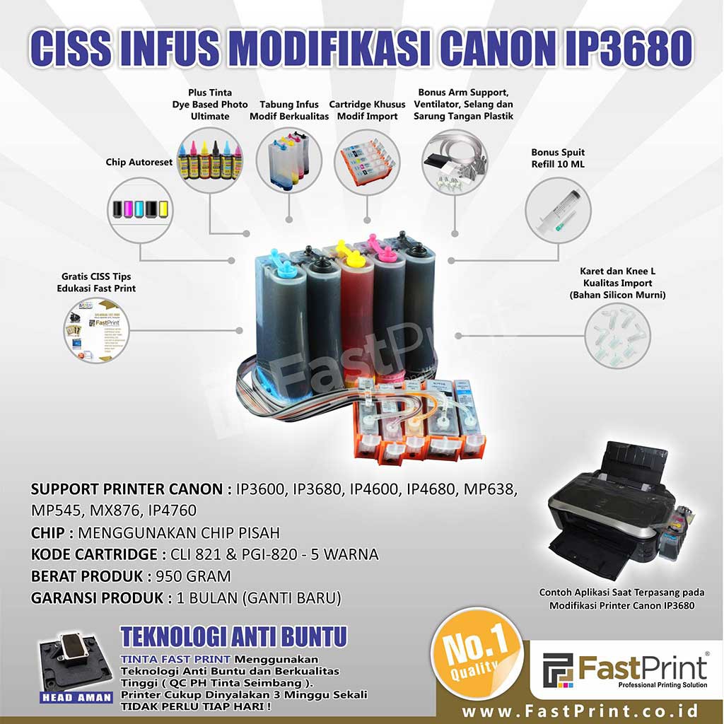 Fast Print CISS Infus Modifikasi Canon IP3680 Plus Tinta Anti UV Canon