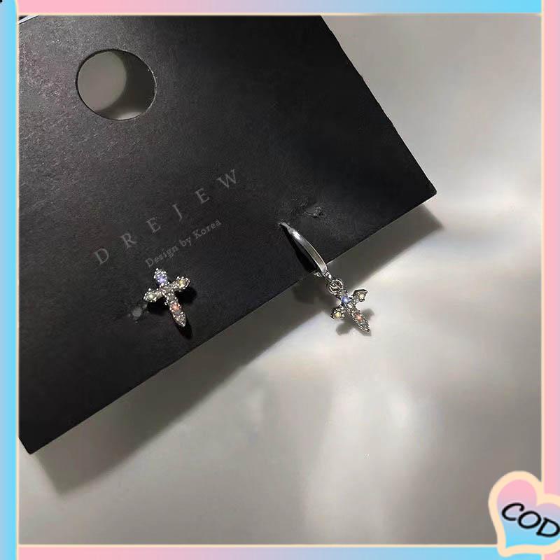 COD❤️ Anting Stud Asimetris Desain Salib Aksen Berlian Kilau-A.one