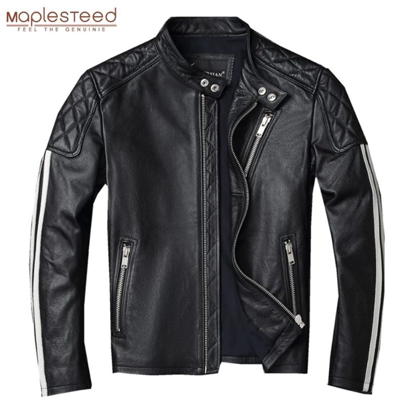 JAKET KULIT ASLI DOMBA SUPER STRIP PUTIH JAKET MOTOR BIKERS TOURING MOGE FASHION PRIA